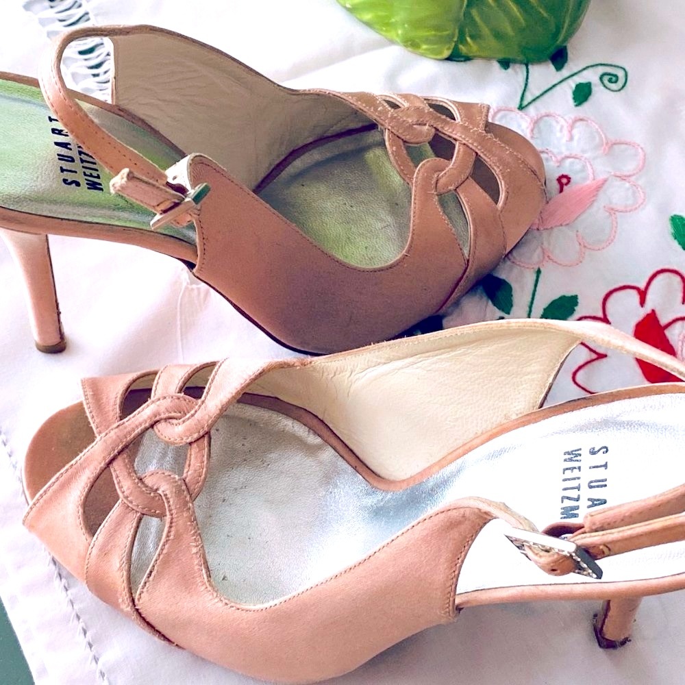 Pink Silk Stuart Weitzman Open Toe Slingback Heels